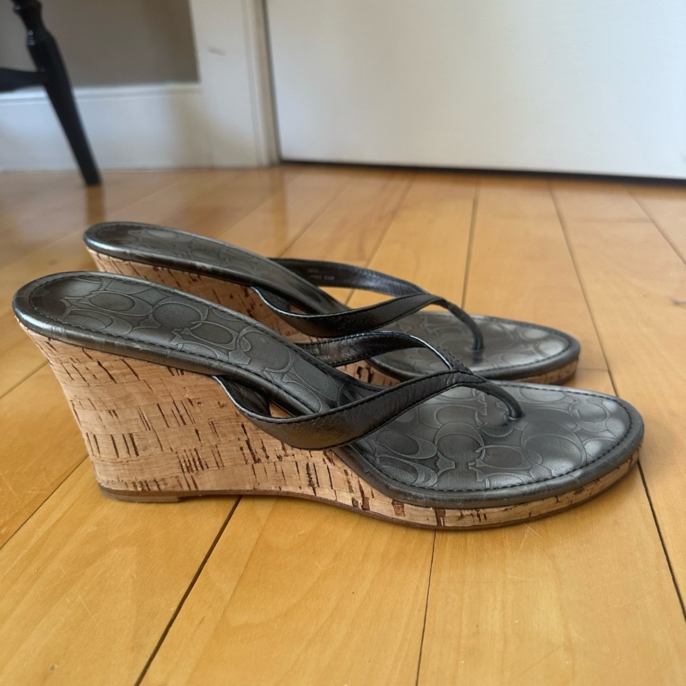 Coach Silver & Cork Flip Flop Wedges